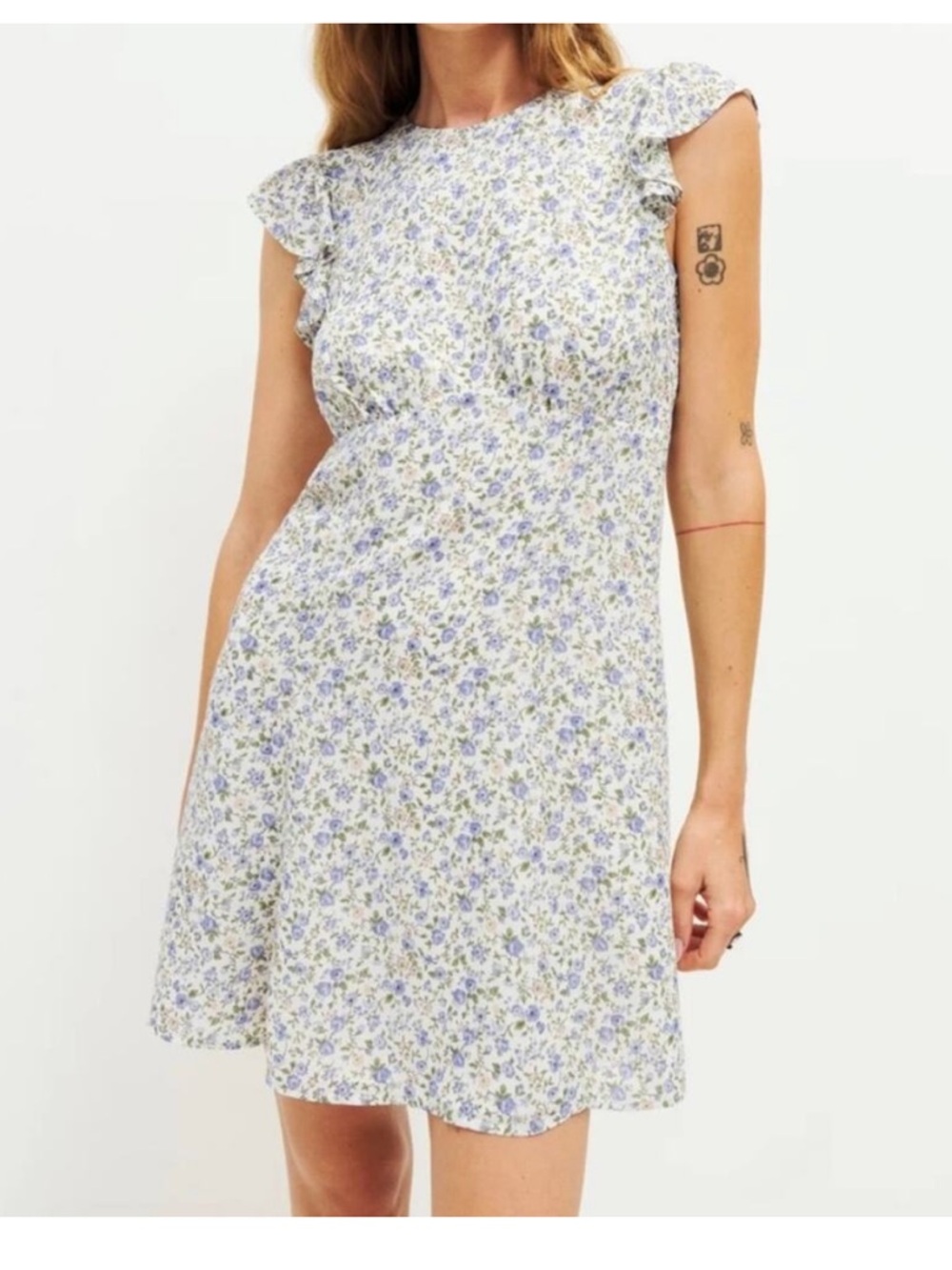 Reformation floral mini dress in blue and cream